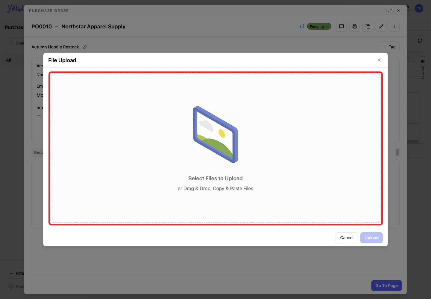 File Upload dialog with file drop zone