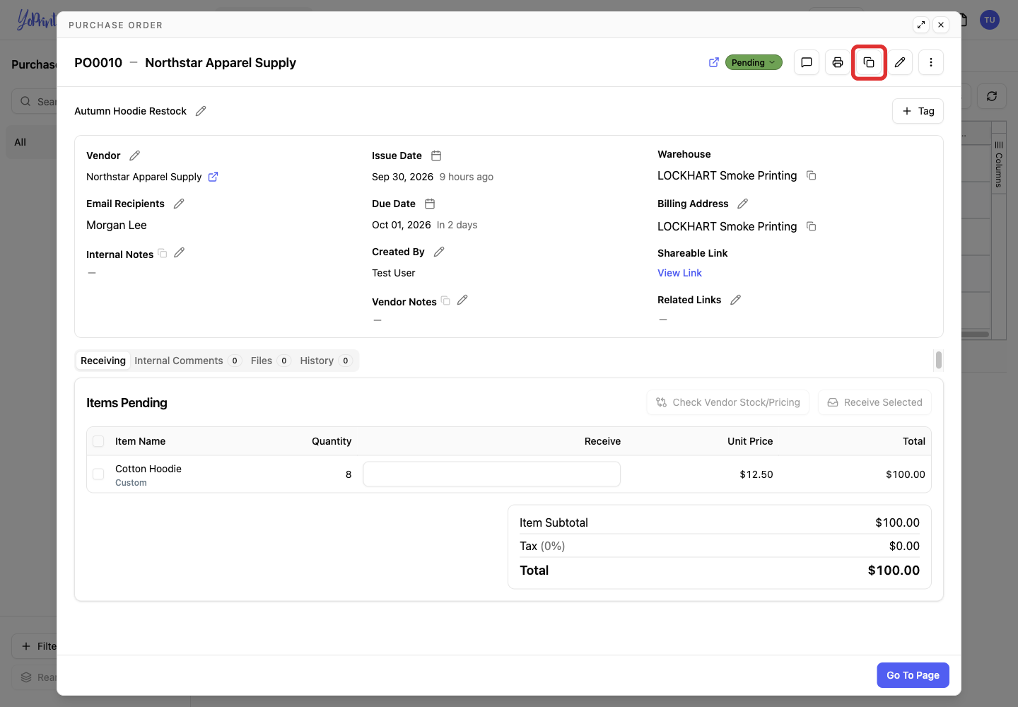 Clone action on a purchase order detail page