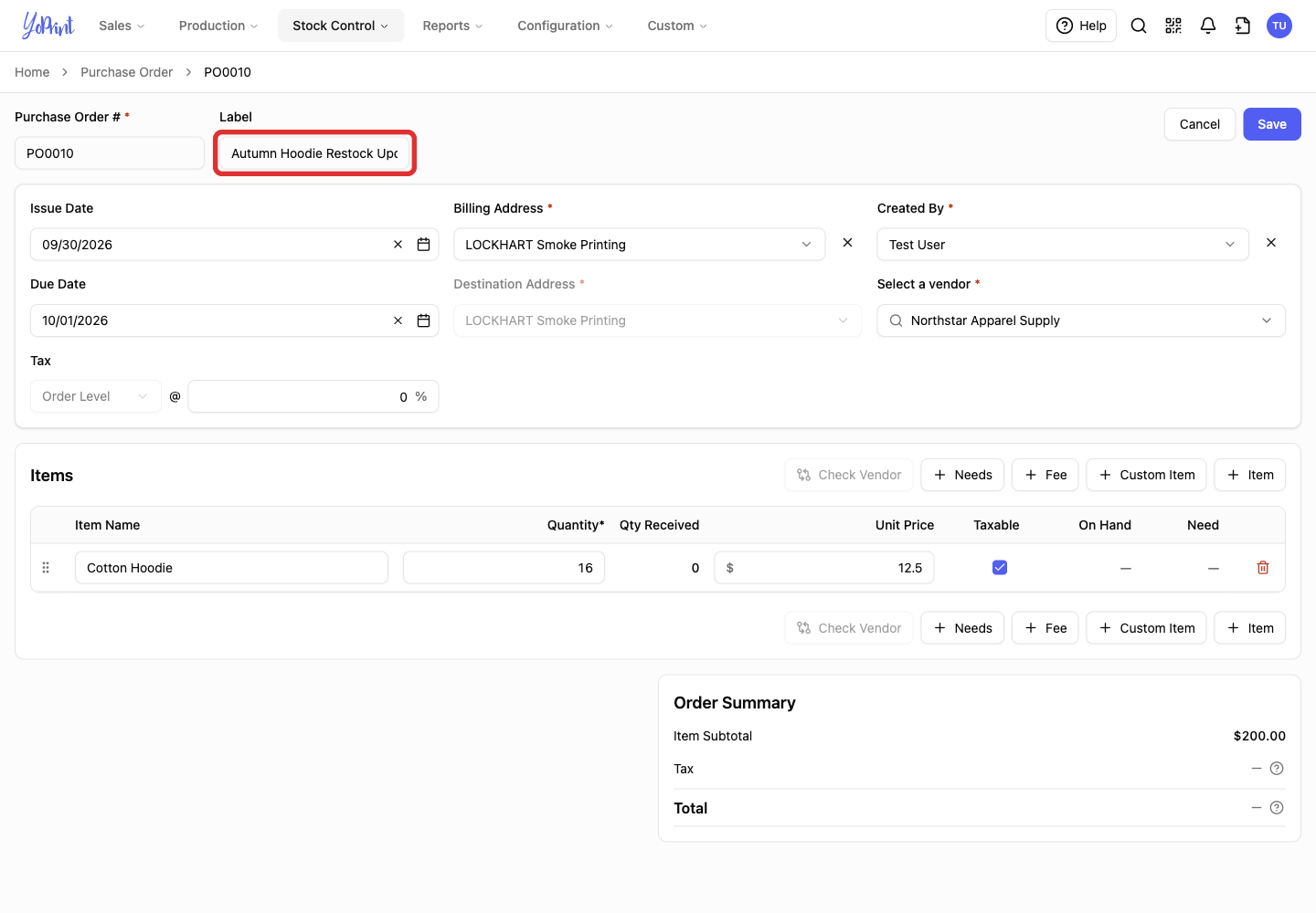 Purchase order Edit form with the Label field
