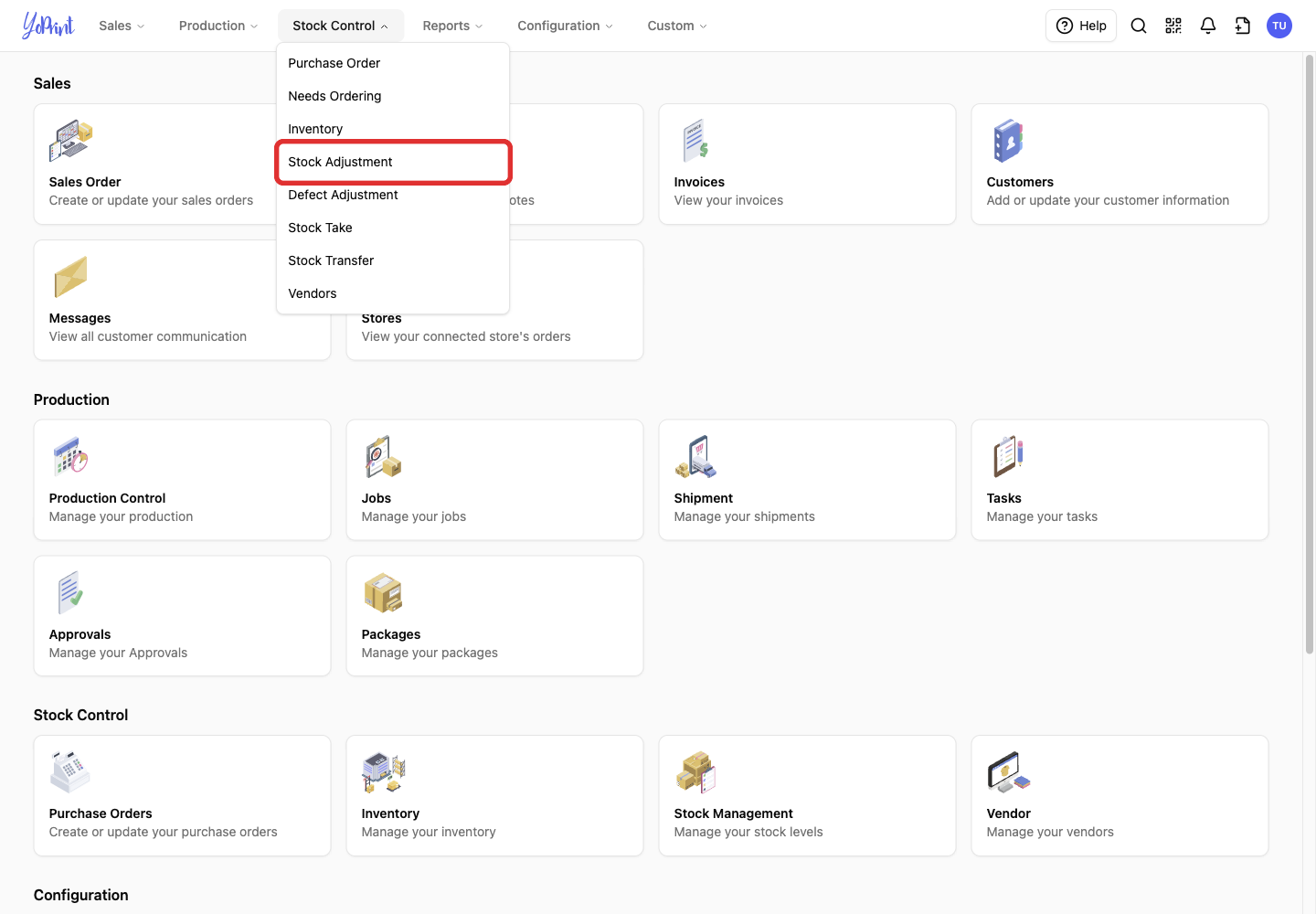 Stock Adjustment in the open Stock Control menu