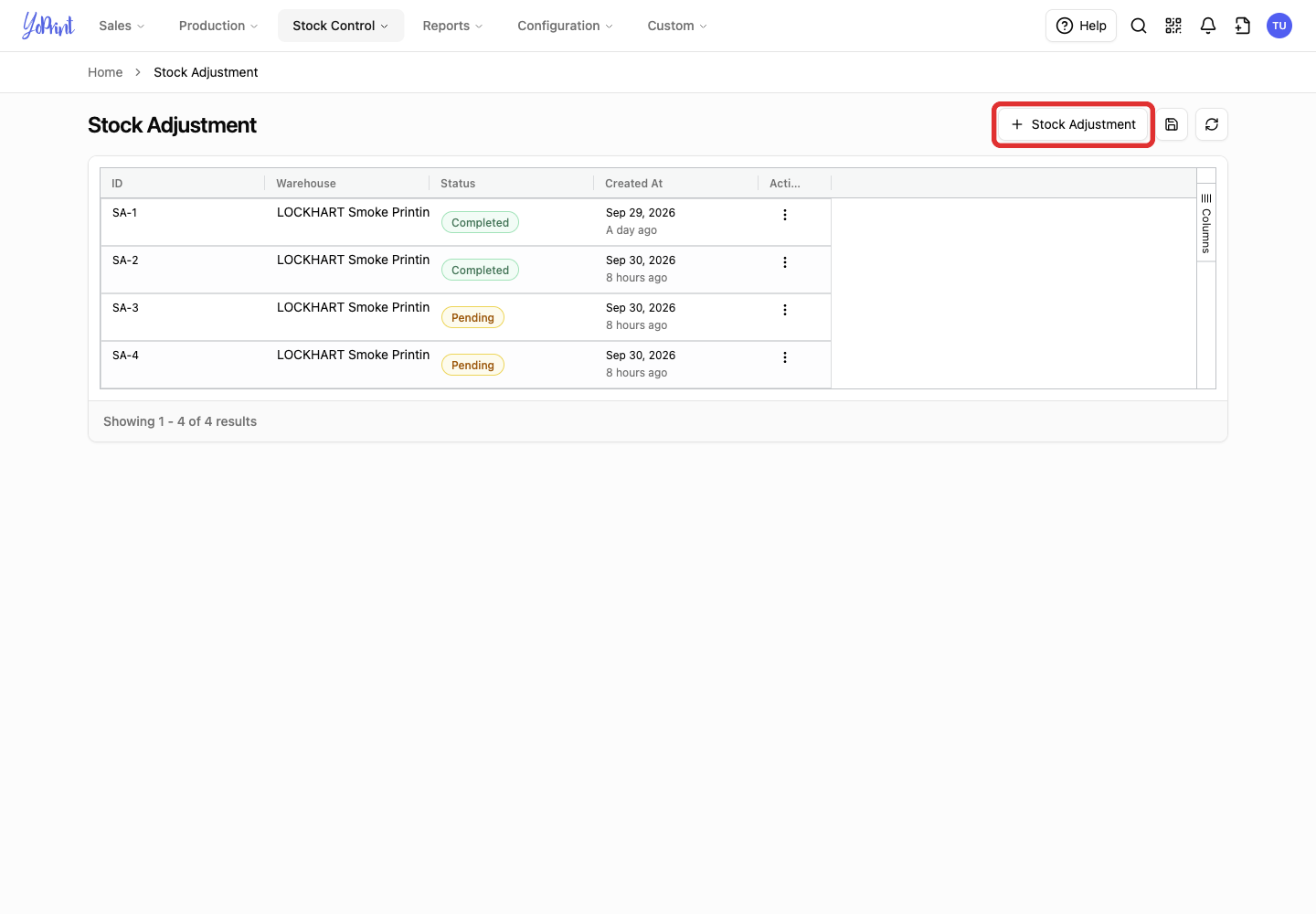 Stock Adjustment button on the list page
