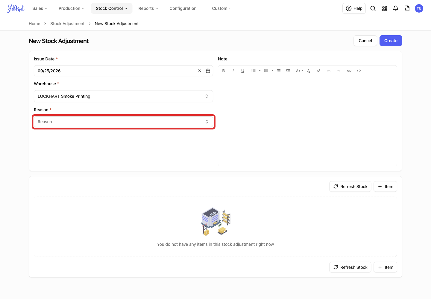 Reason field before opening the list