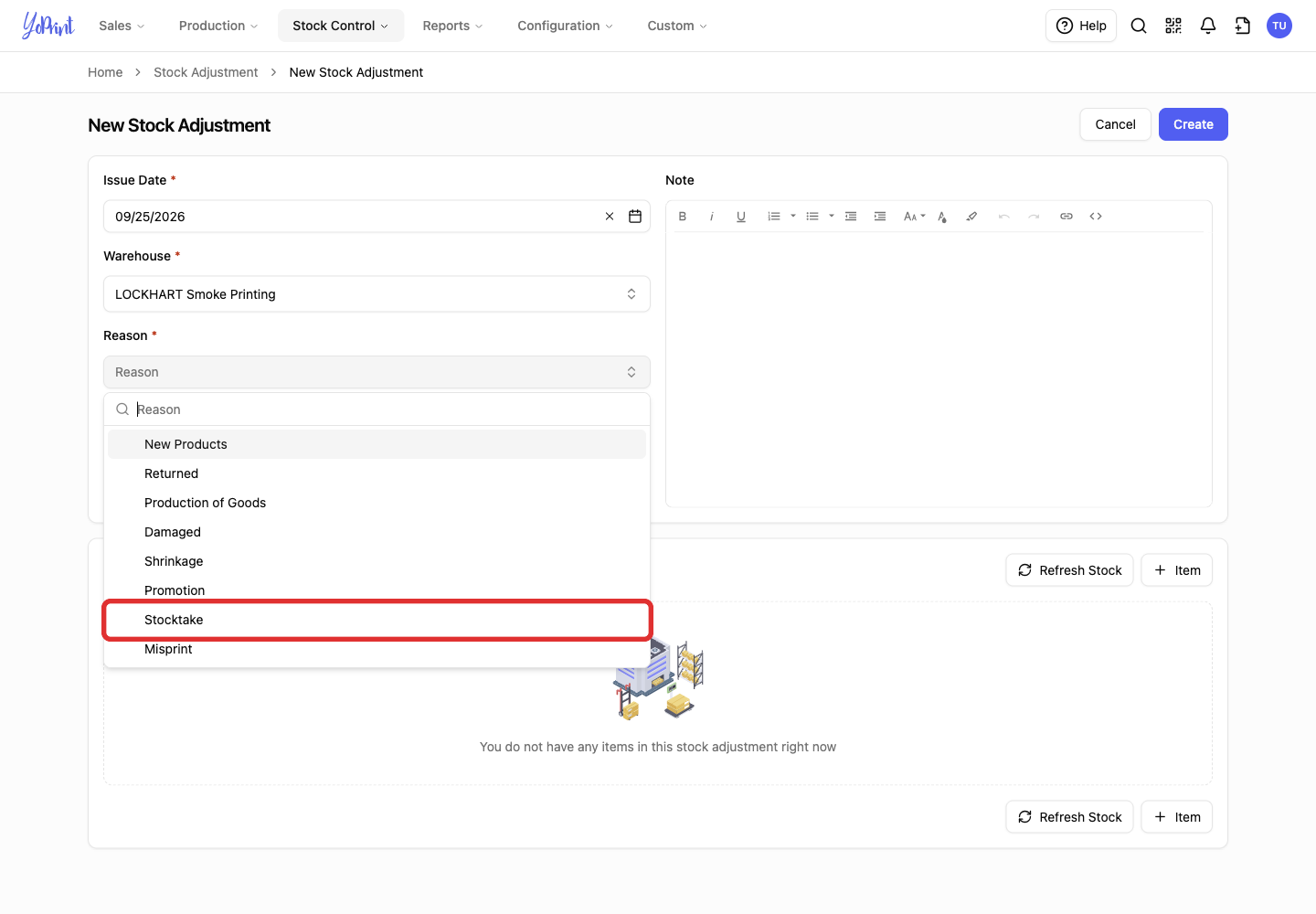 Stocktake reason in the open list
