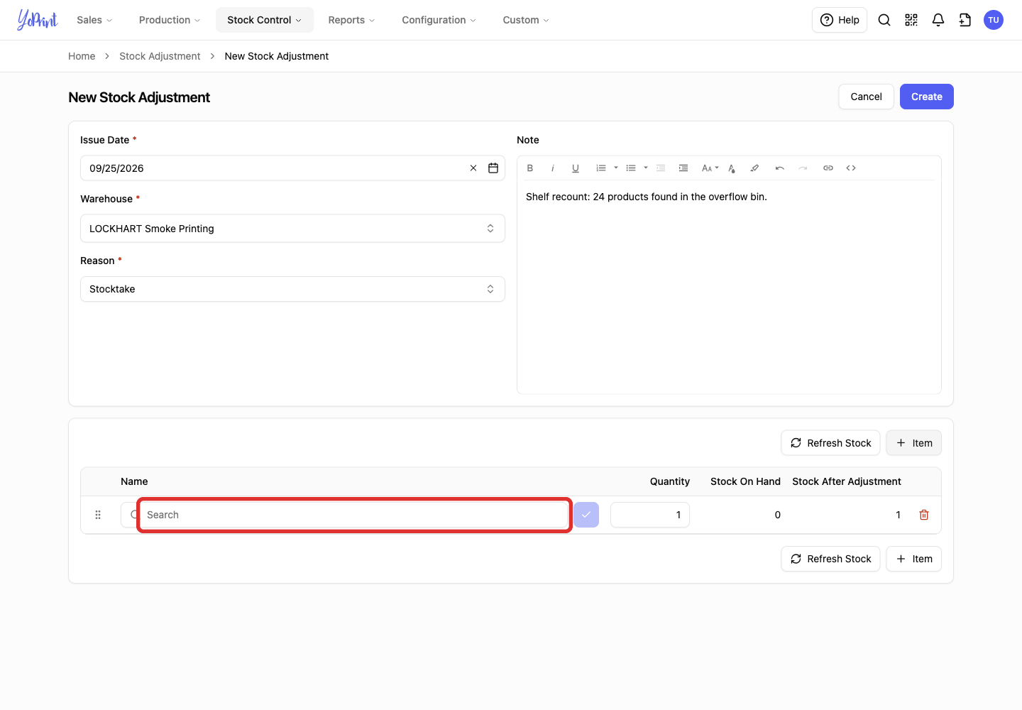 Product search field in the new row
