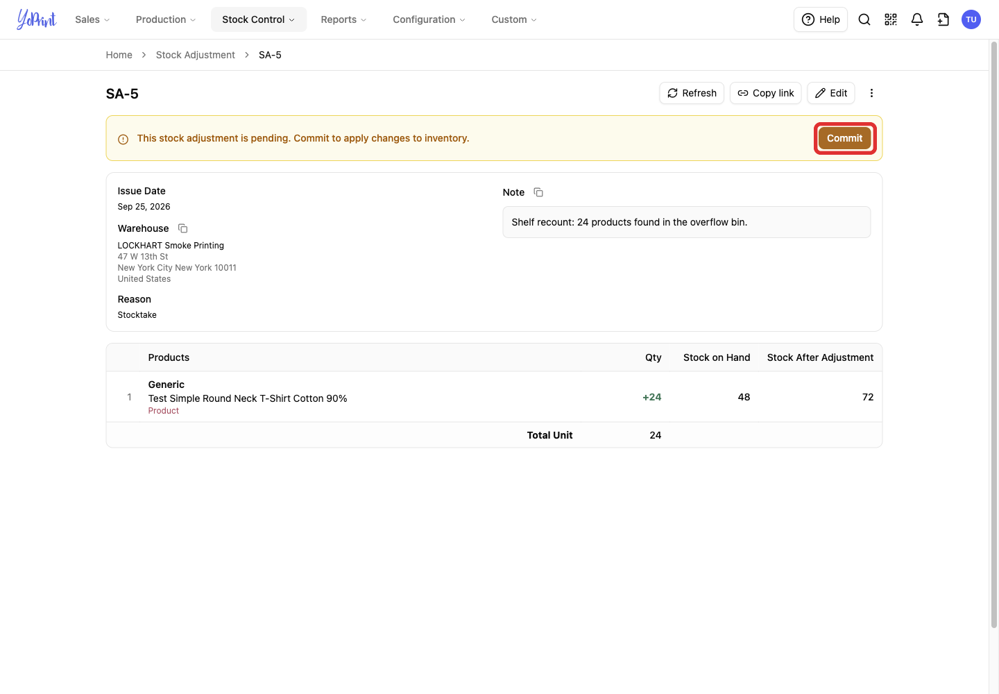 Commit button on Pending adjustment SA-5