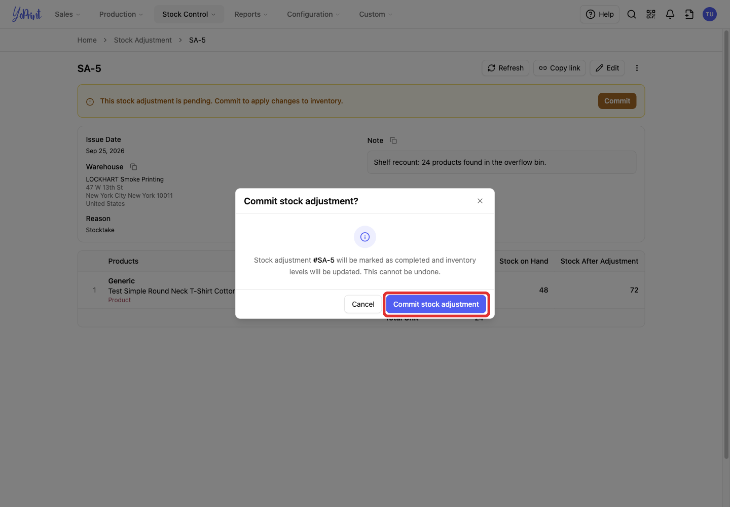 Commit stock adjustment confirmation button