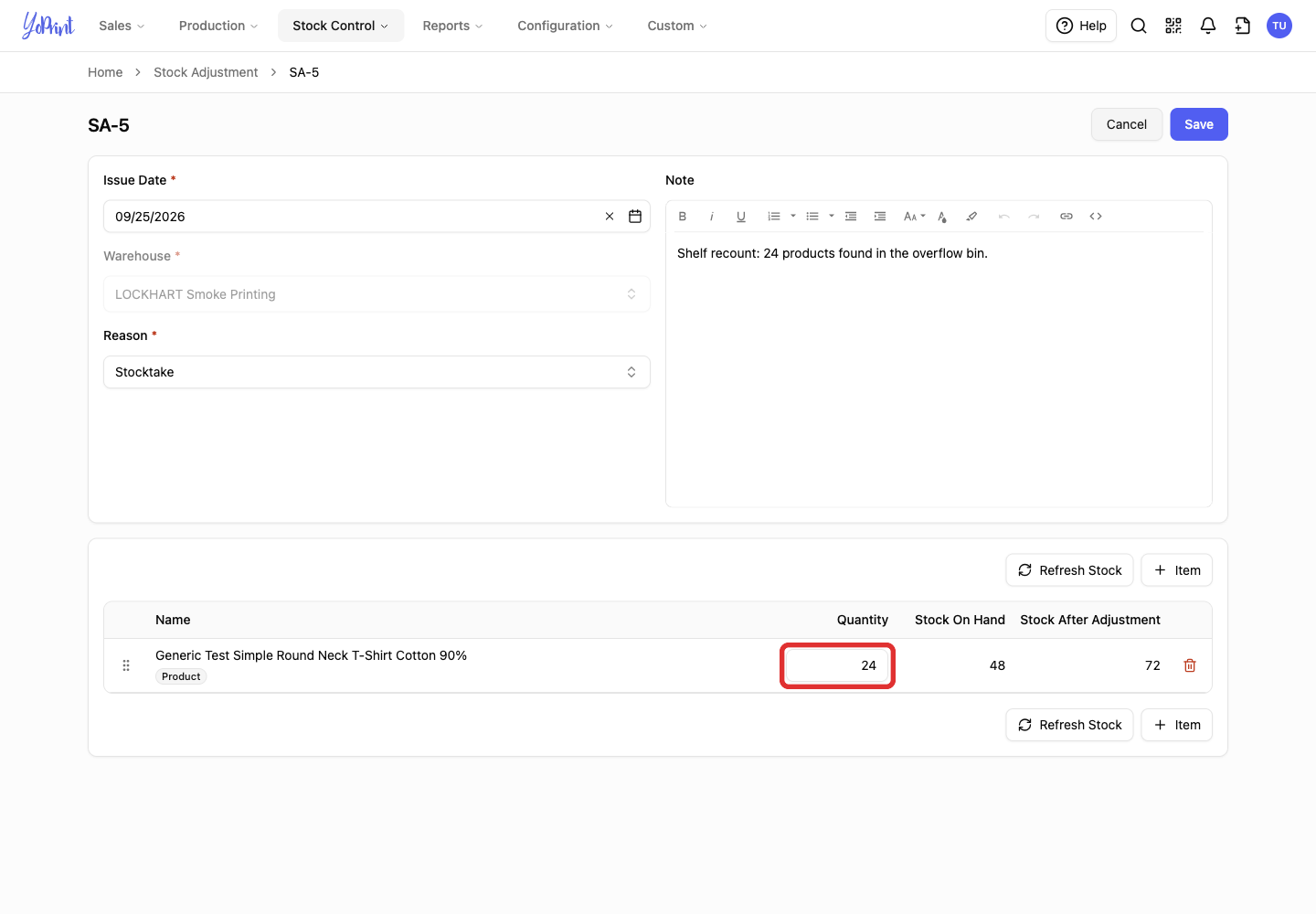 Editable quantity in the adjustment form