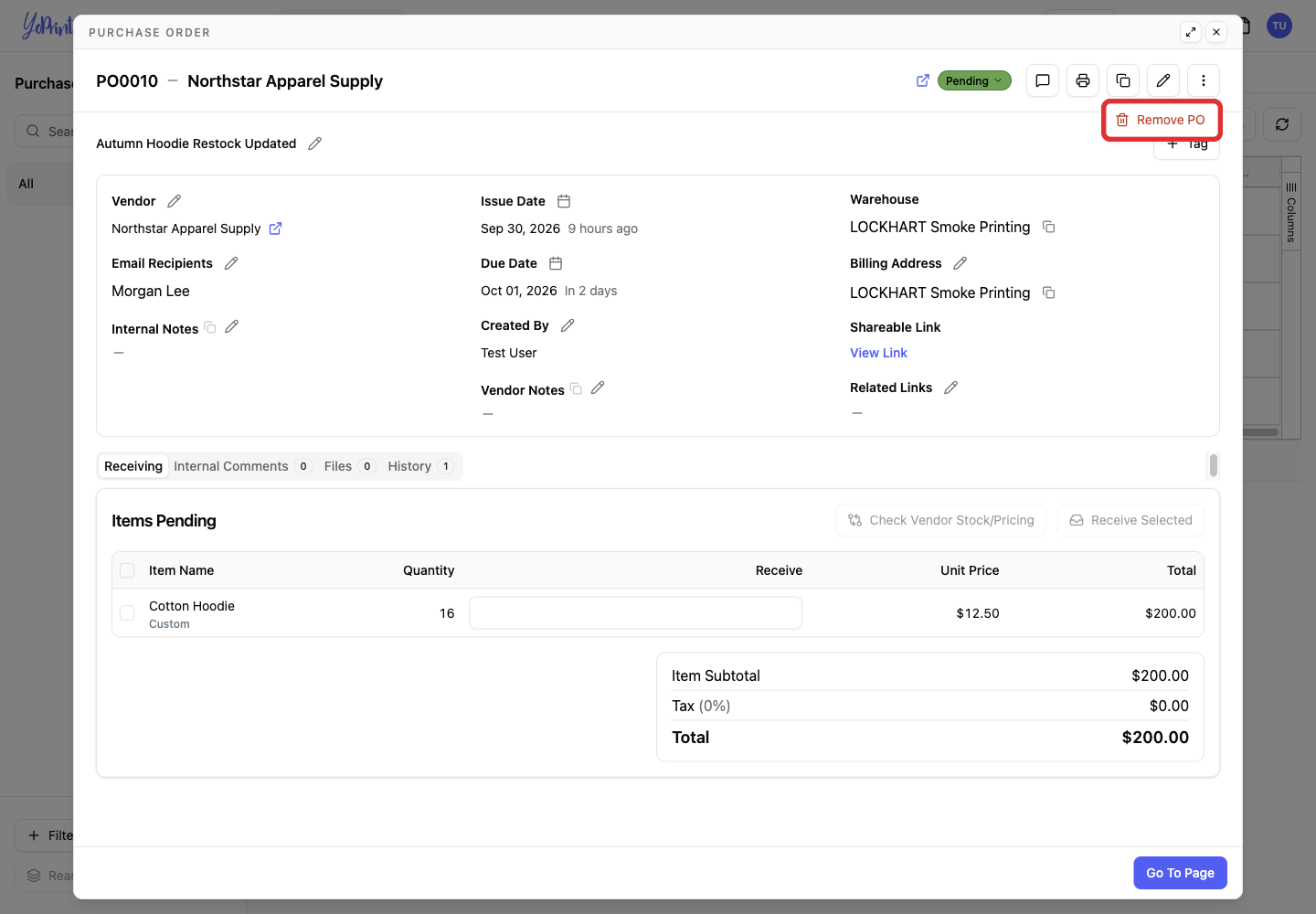 Remove PO in More actions