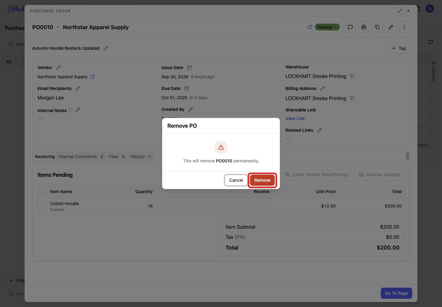 Remove PO confirmation dialog
