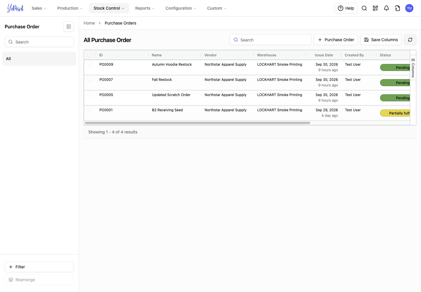 Purchase Orders list after removal