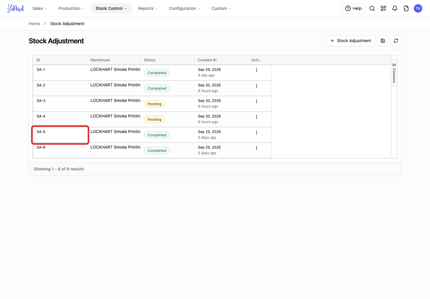 SA-5 row in the Stock Adjustment list