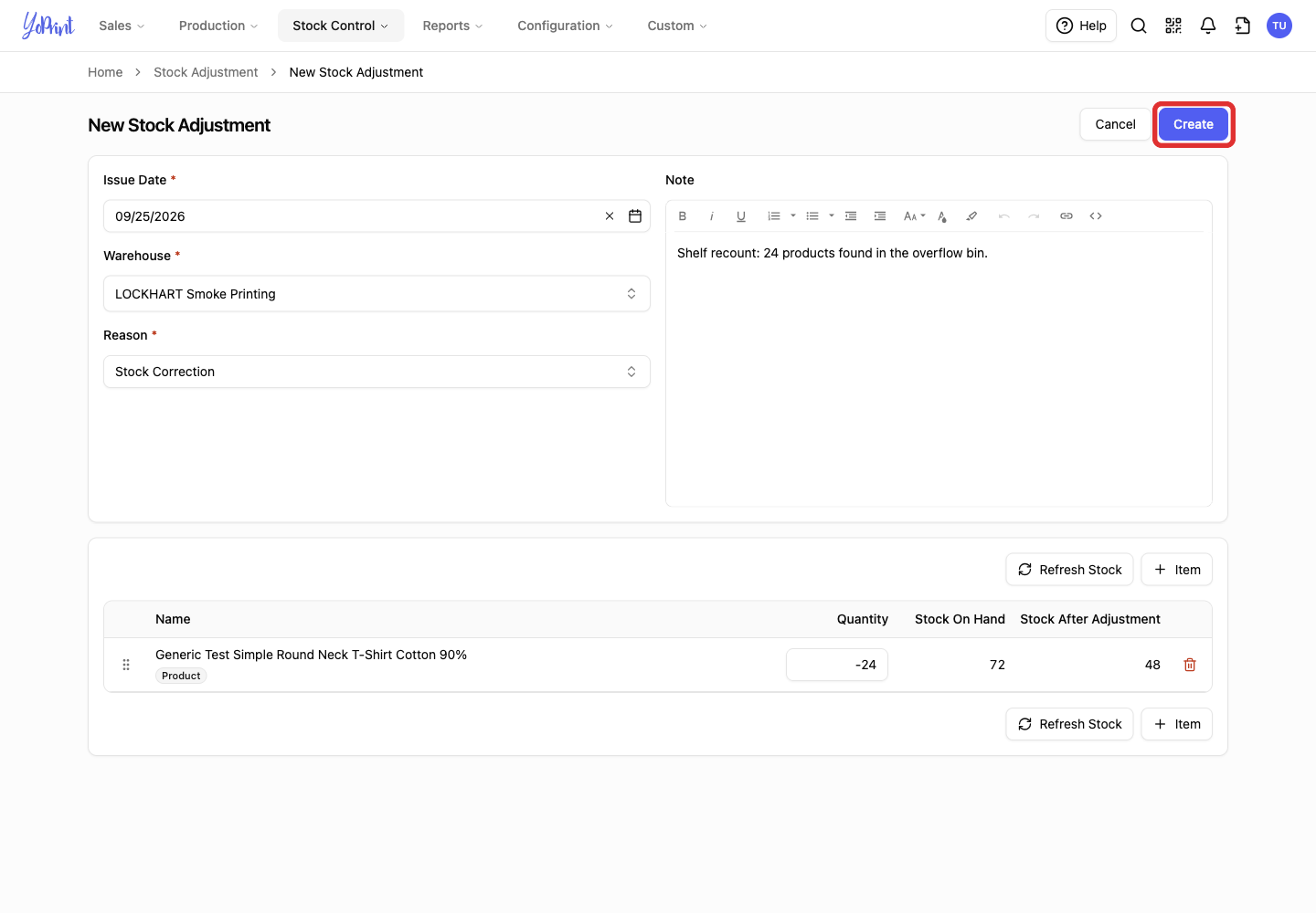 Create button on the prefilled reversal form
