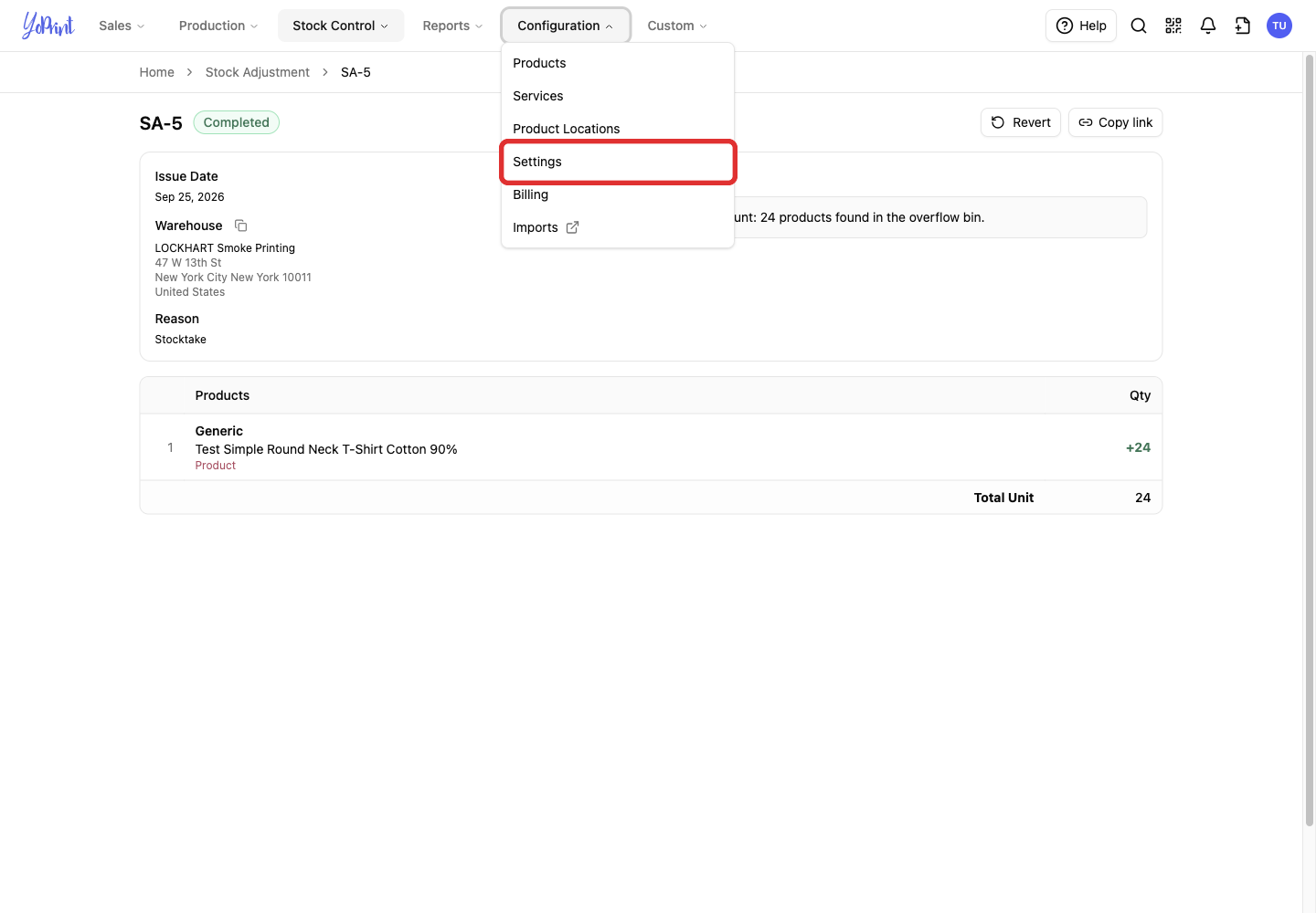 Settings in the open Configuration menu
