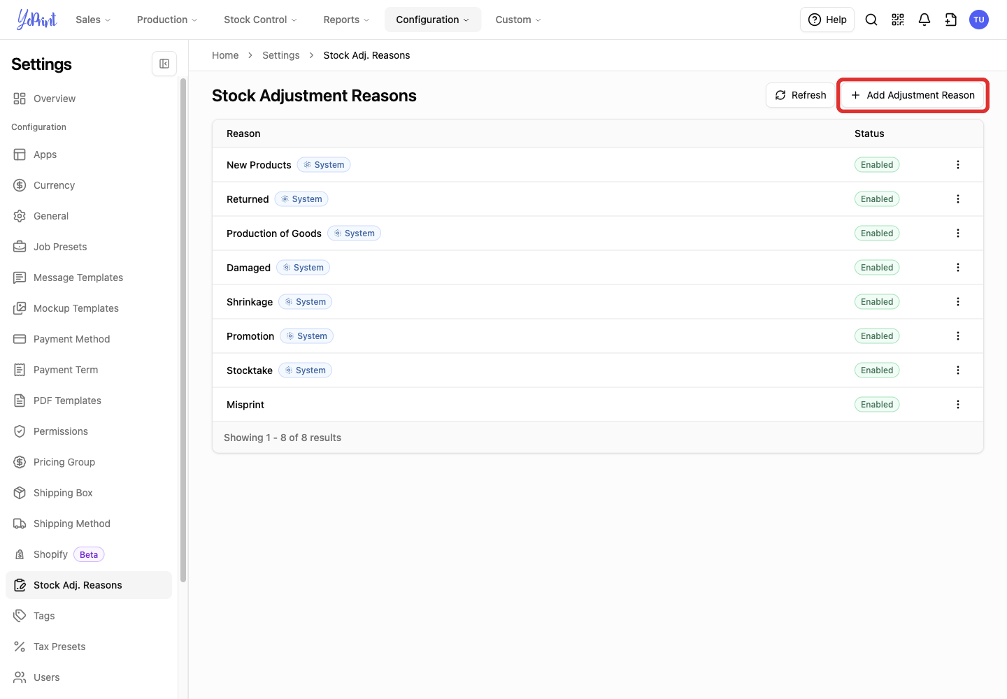 Add Adjustment Reason button on the list page