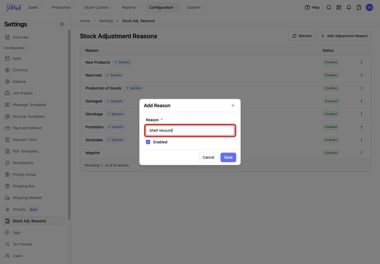 Reason field in the Add Reason dialog
