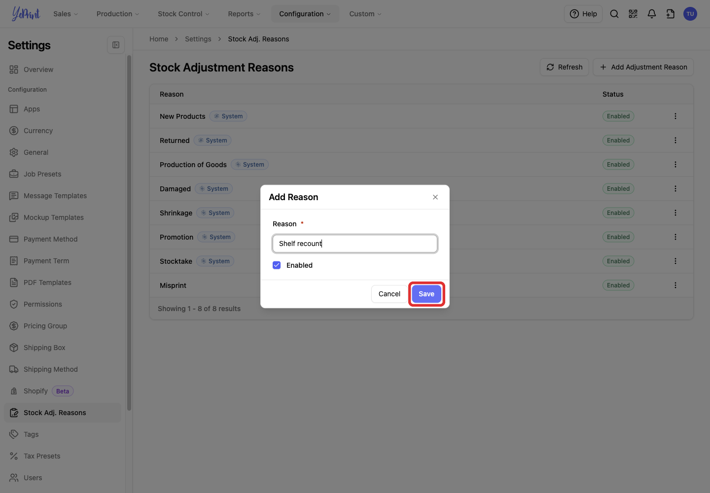 Save button in the Add Reason dialog