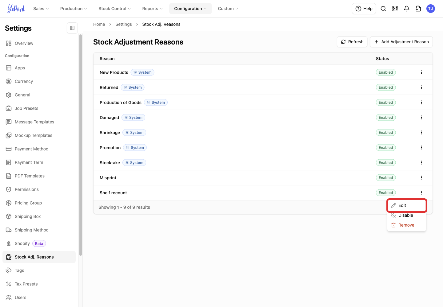 Edit in the custom reason menu