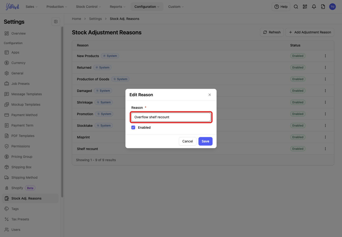 Updated name in the Edit Reason dialog