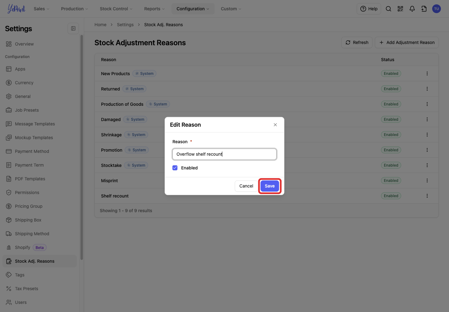 Save button in the Edit Reason dialog