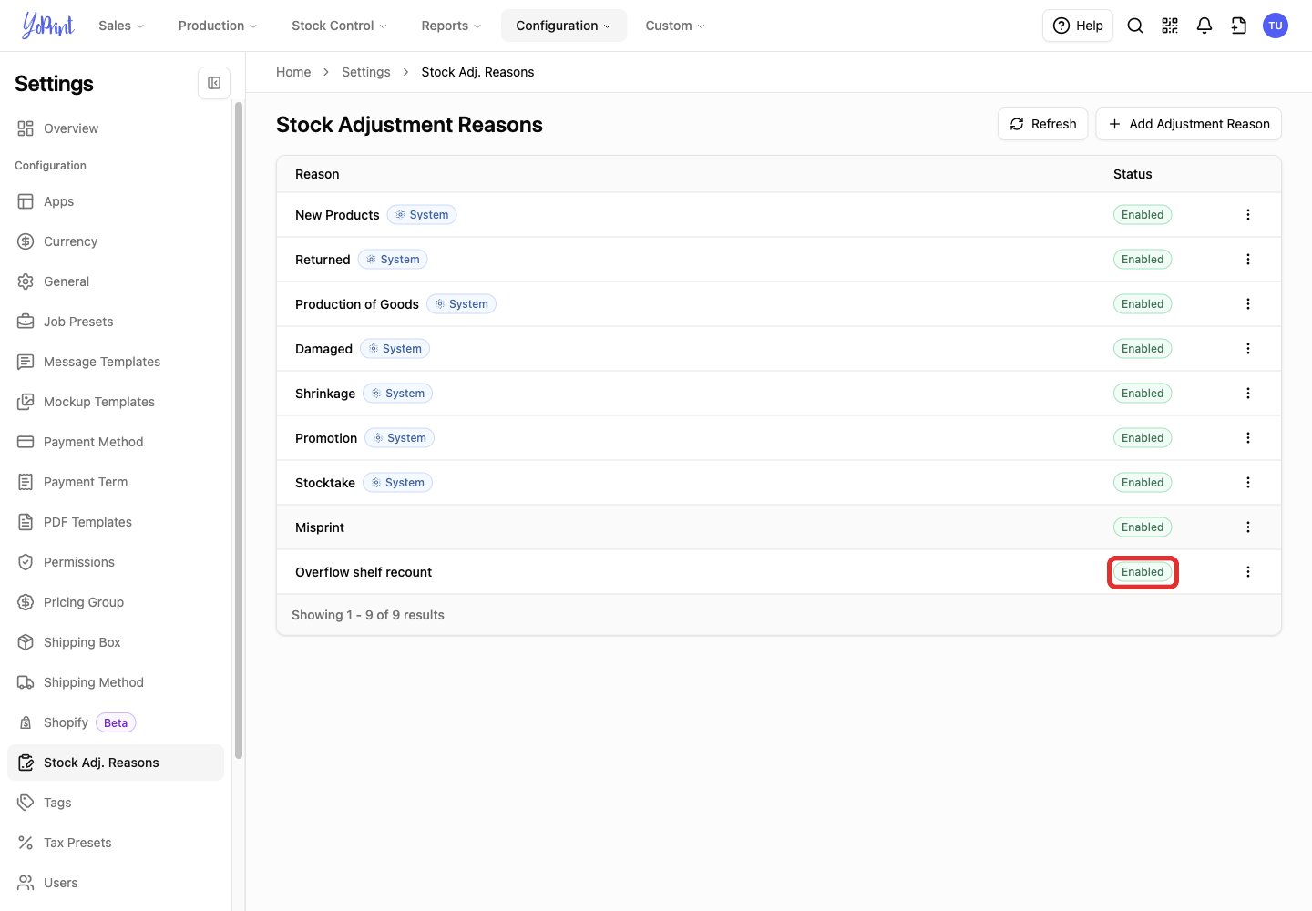 Enabled status button for Overflow shelf recount