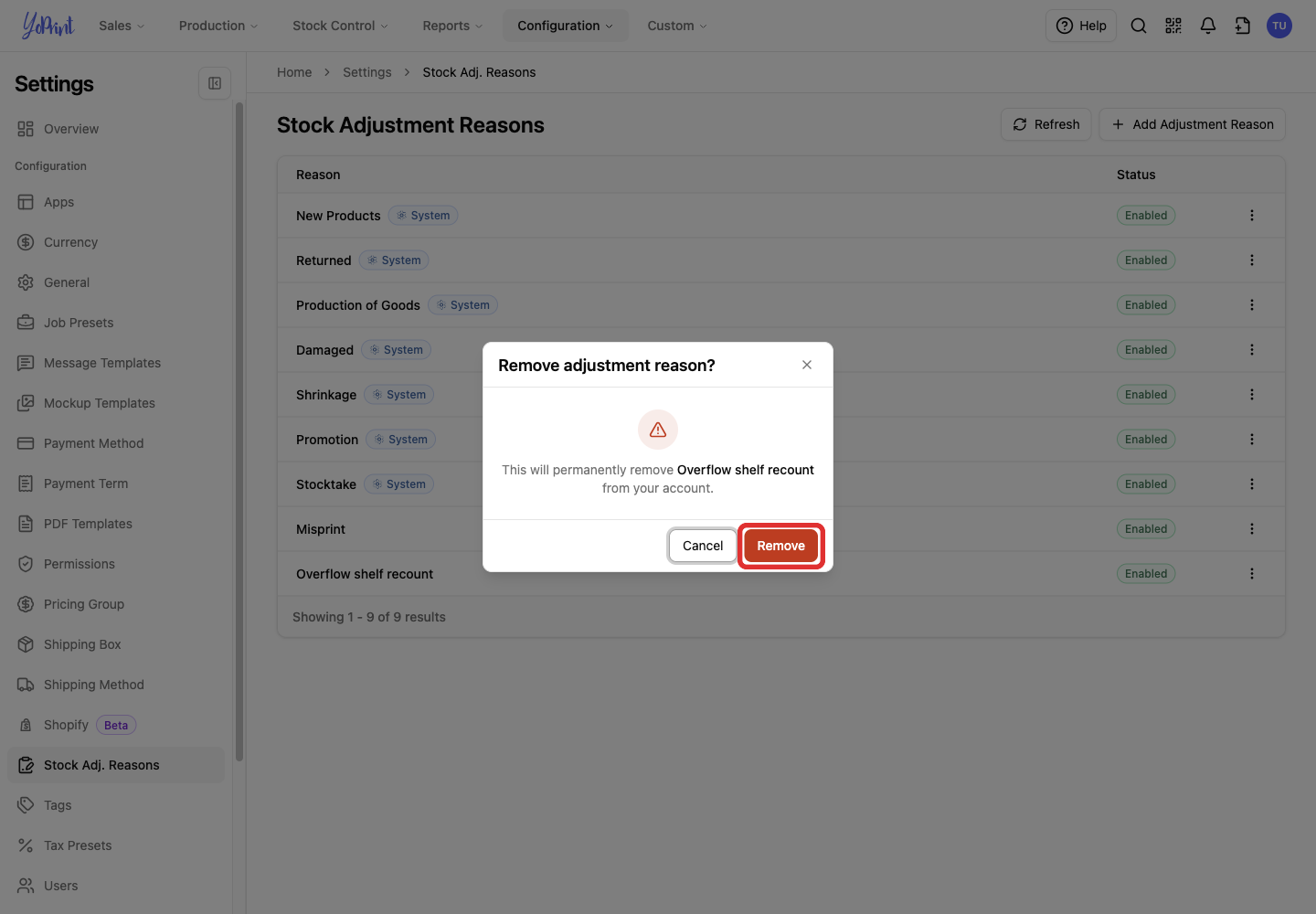Remove confirmation naming Overflow shelf recount