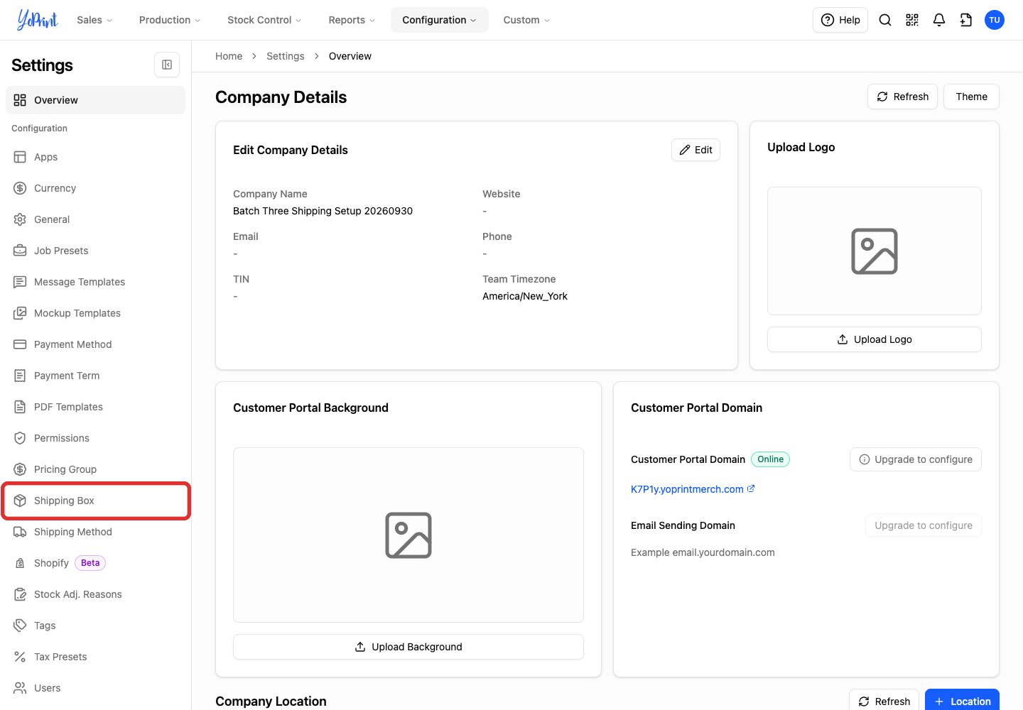 Shipping Box in the settings sidebar