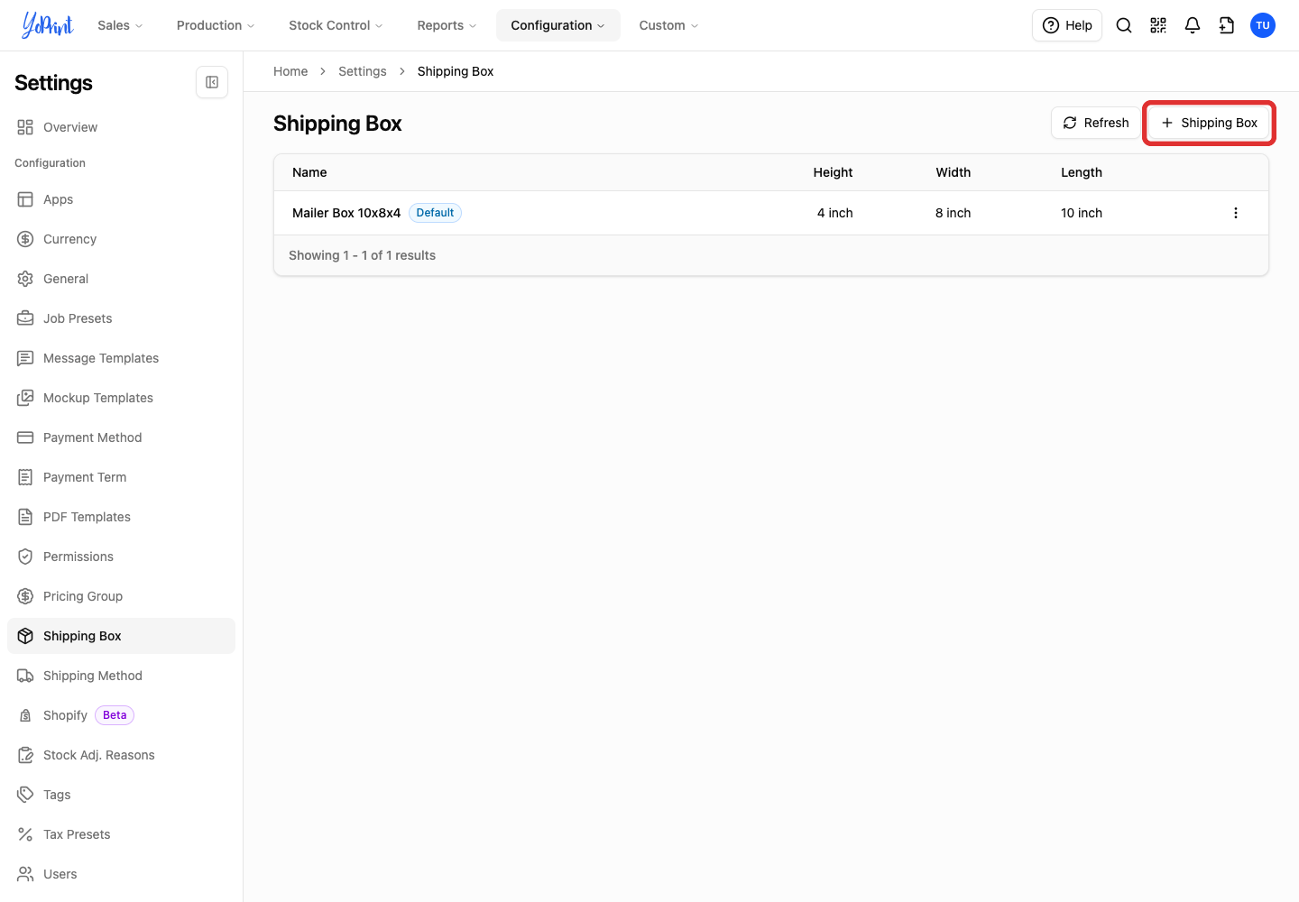 The Shipping Box button that opens the new-box form