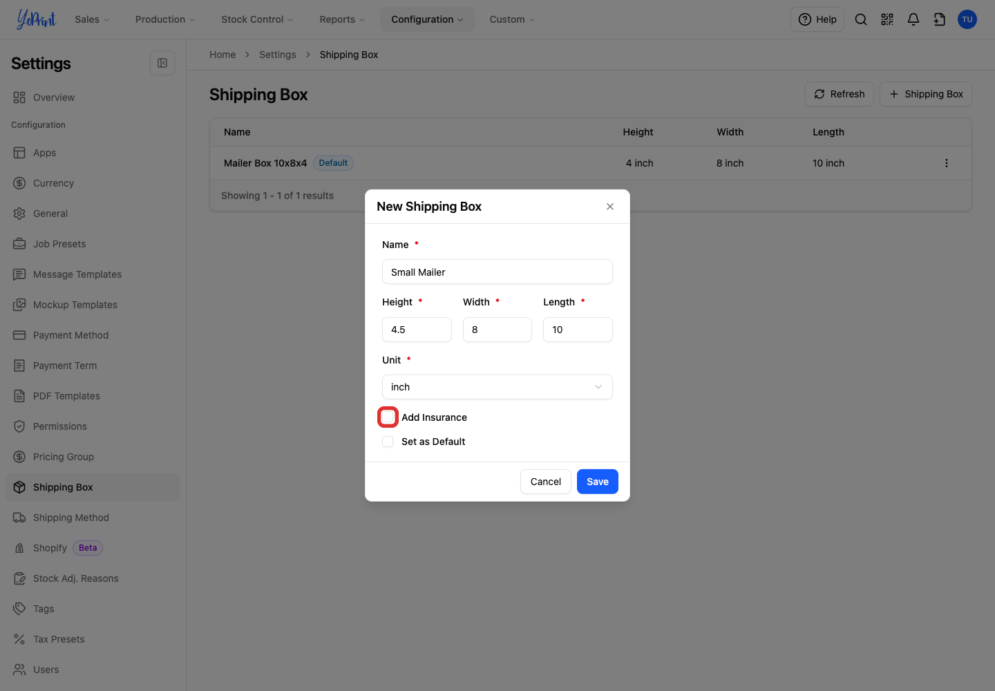Add Insurance cleared in the New Shipping Box form