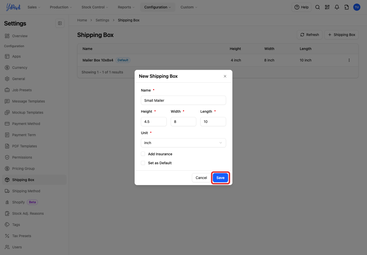 Save in the New Shipping Box form
