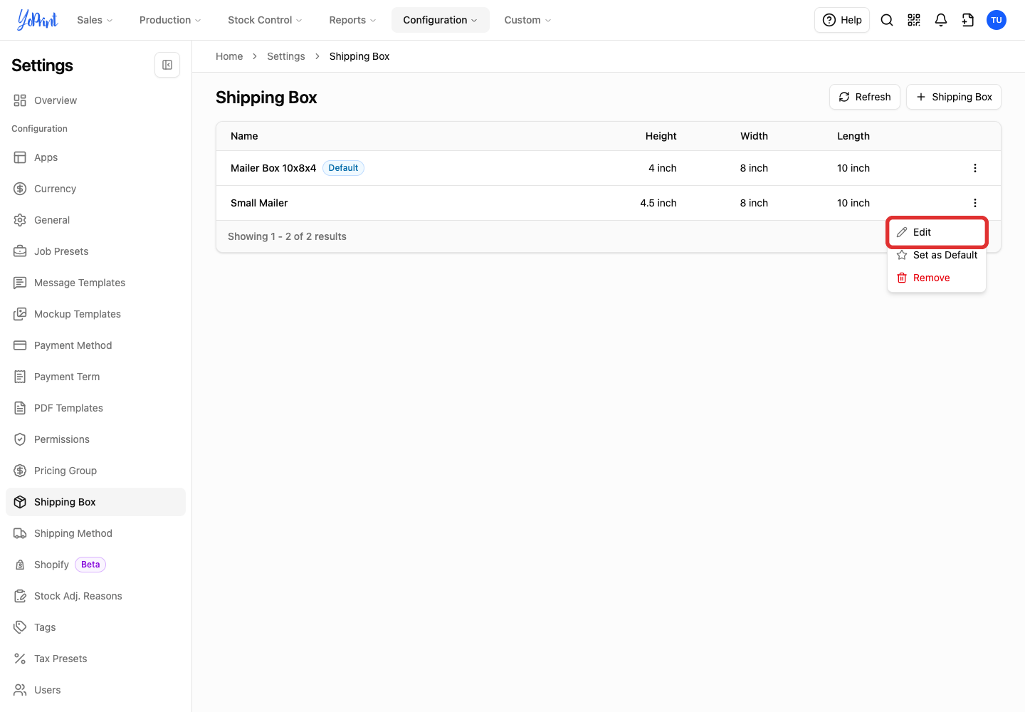 Edit in the shipping box menu