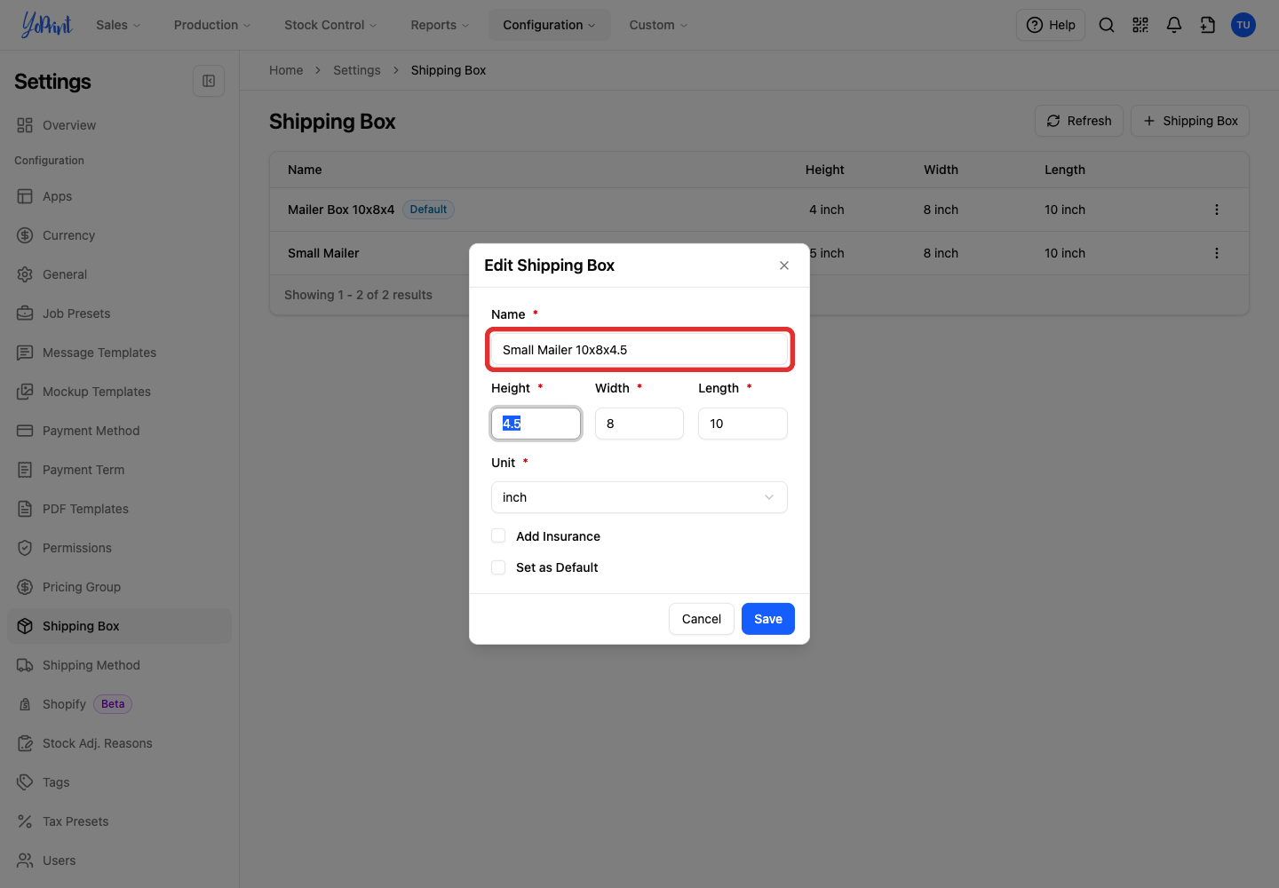 Small Mailer renamed in the Edit Shipping Box form
