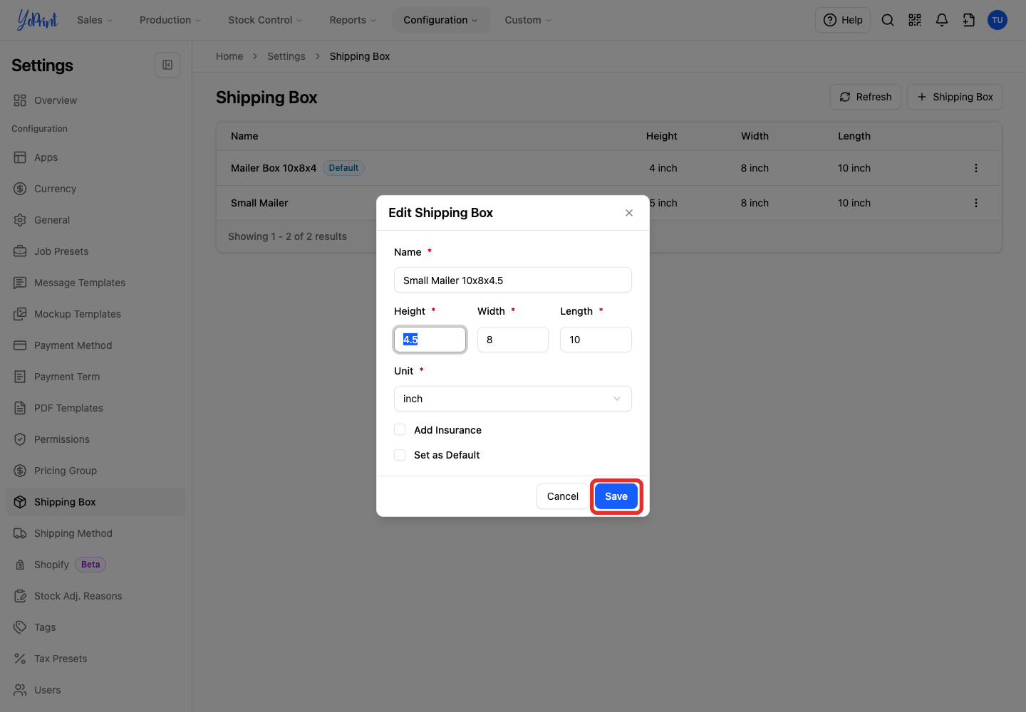 Save in the Edit Shipping Box form