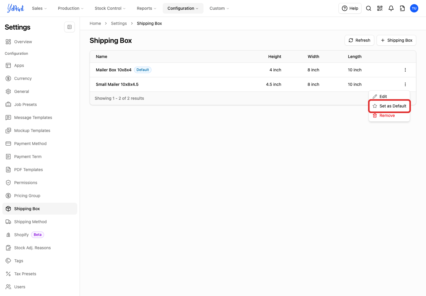 Set as Default in the box menu