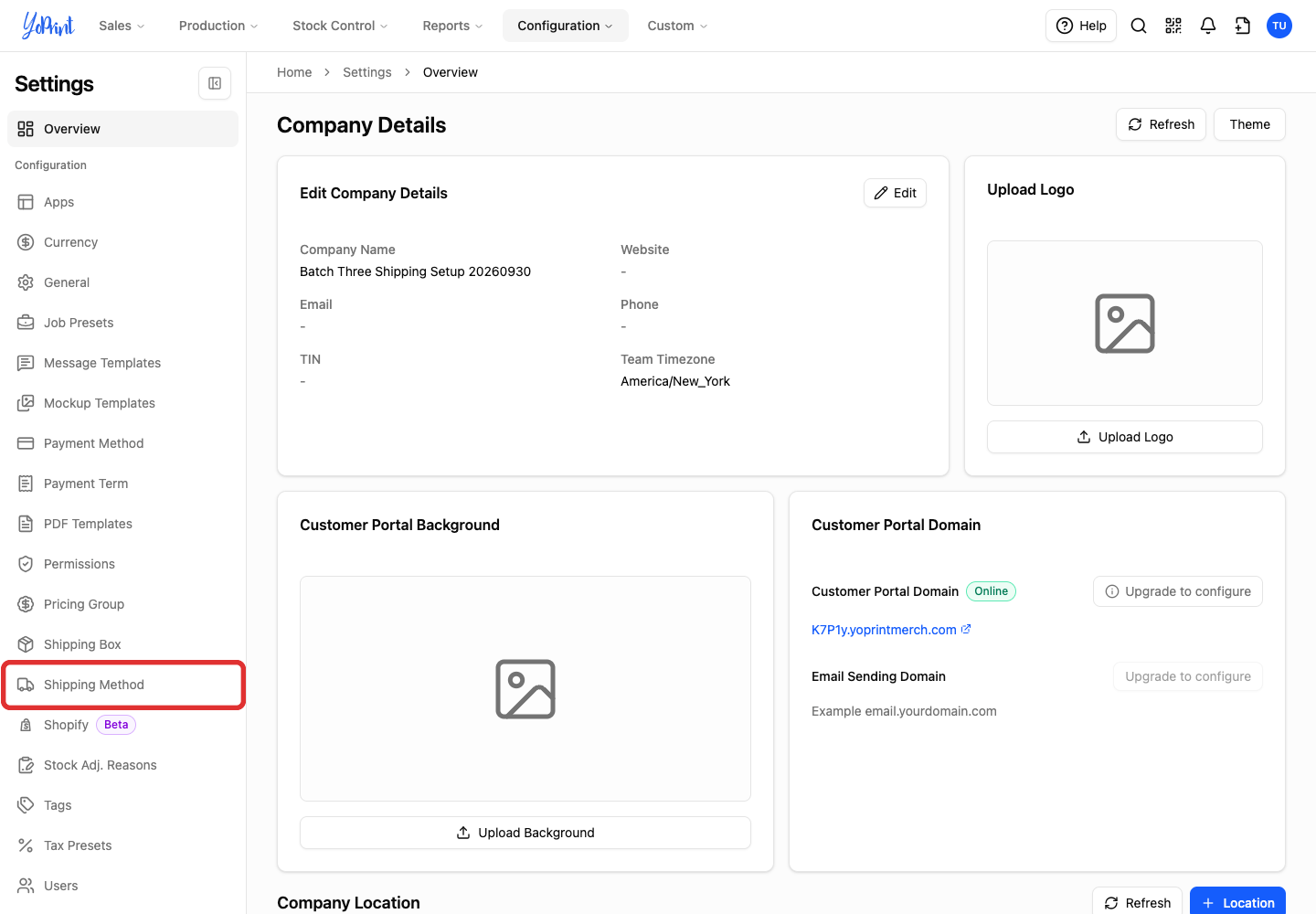Shipping Method in the settings sidebar