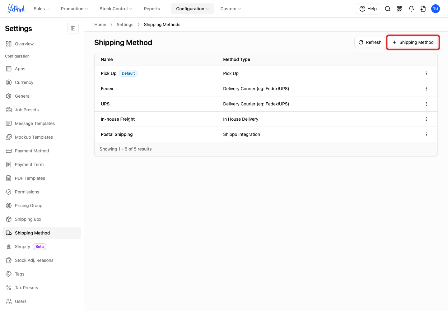 The Shipping Method creation button