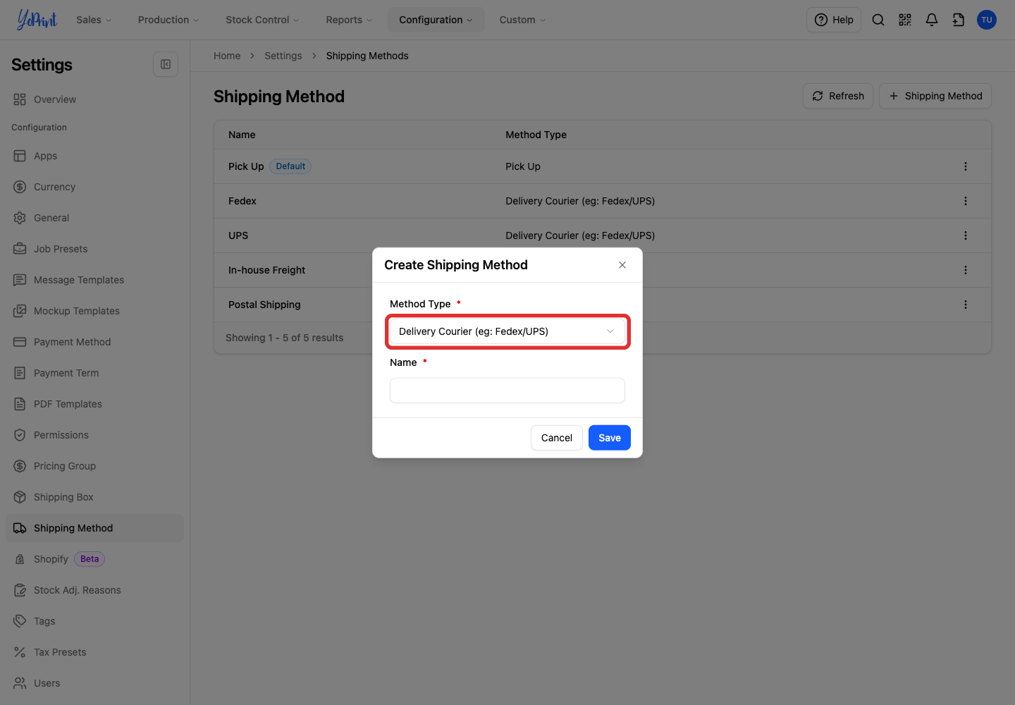 Method Type in the Create Shipping Method dialog