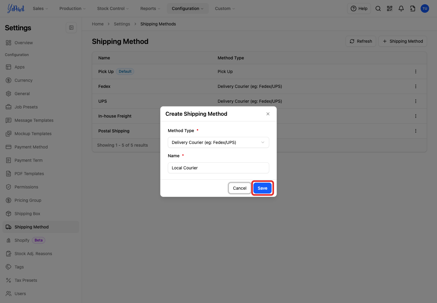 Save in the Create Shipping Method dialog