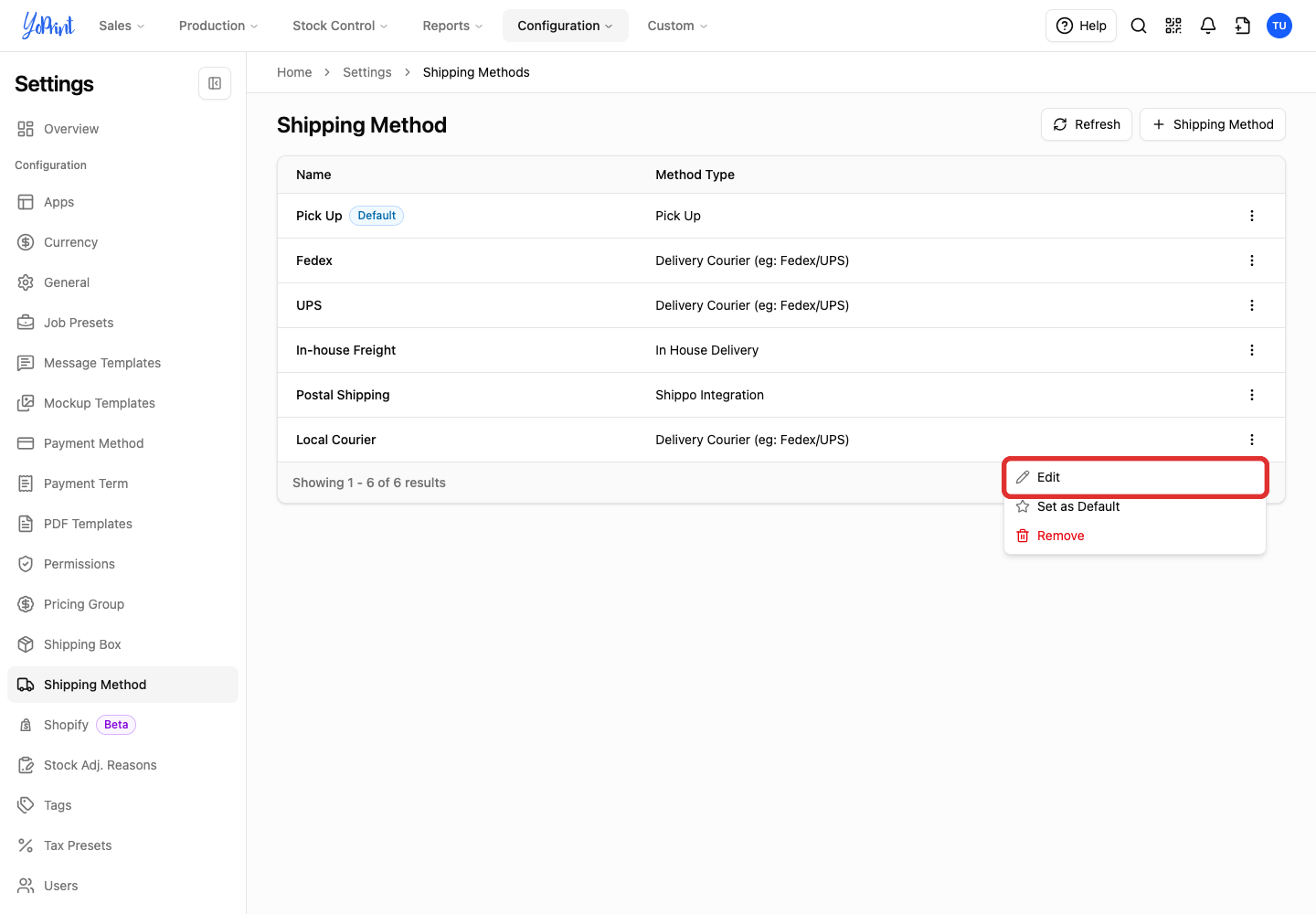 Edit in the shipping method menu