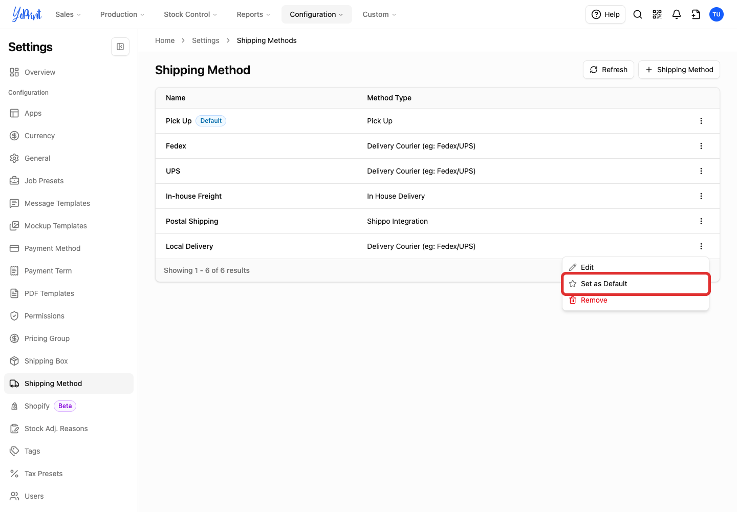 Set as Default in the shipping method menu
