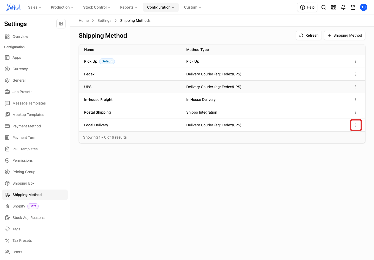 More actions for Local Delivery after restoring Pick Up as default