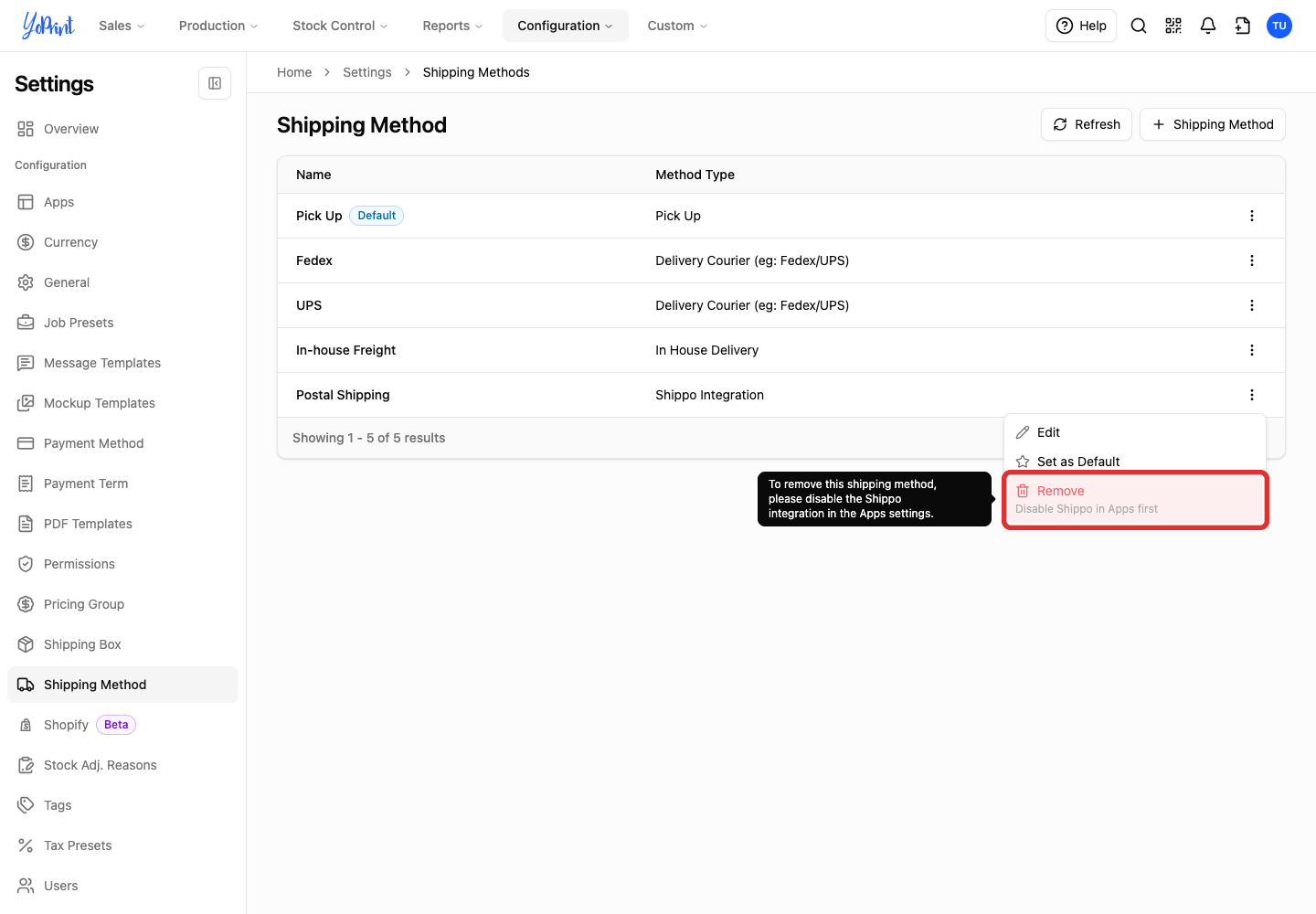 The disabled Remove option and its Shippo tooltip
