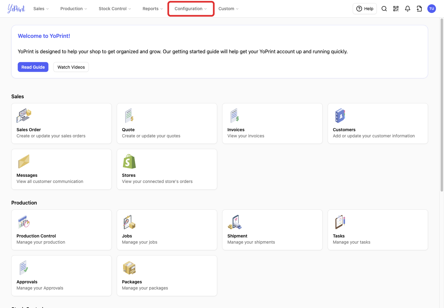 Configuration in the top navigation