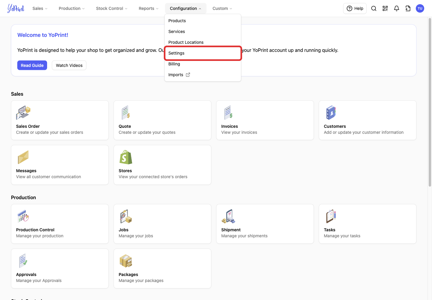 Settings in the open Configuration menu