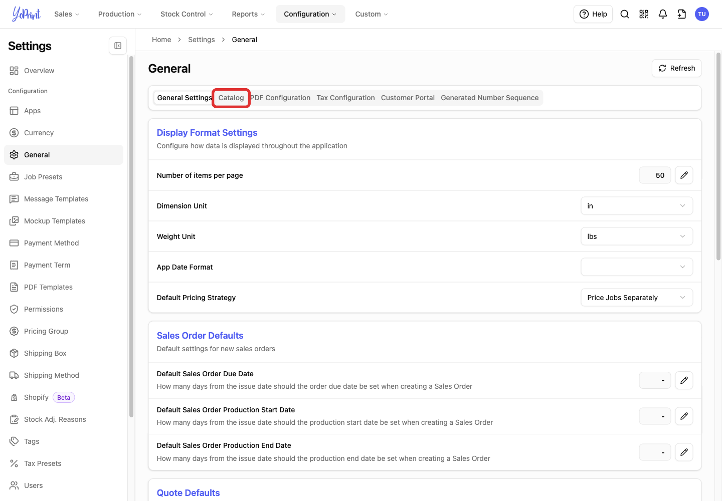 Catalog tab in General settings