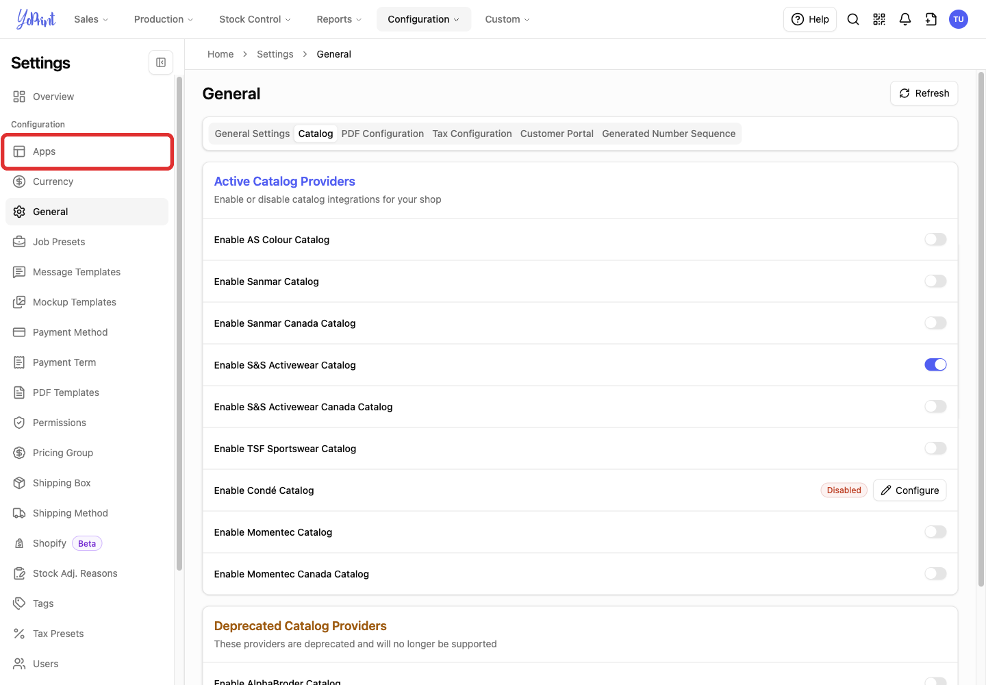 Apps in the Settings sidebar