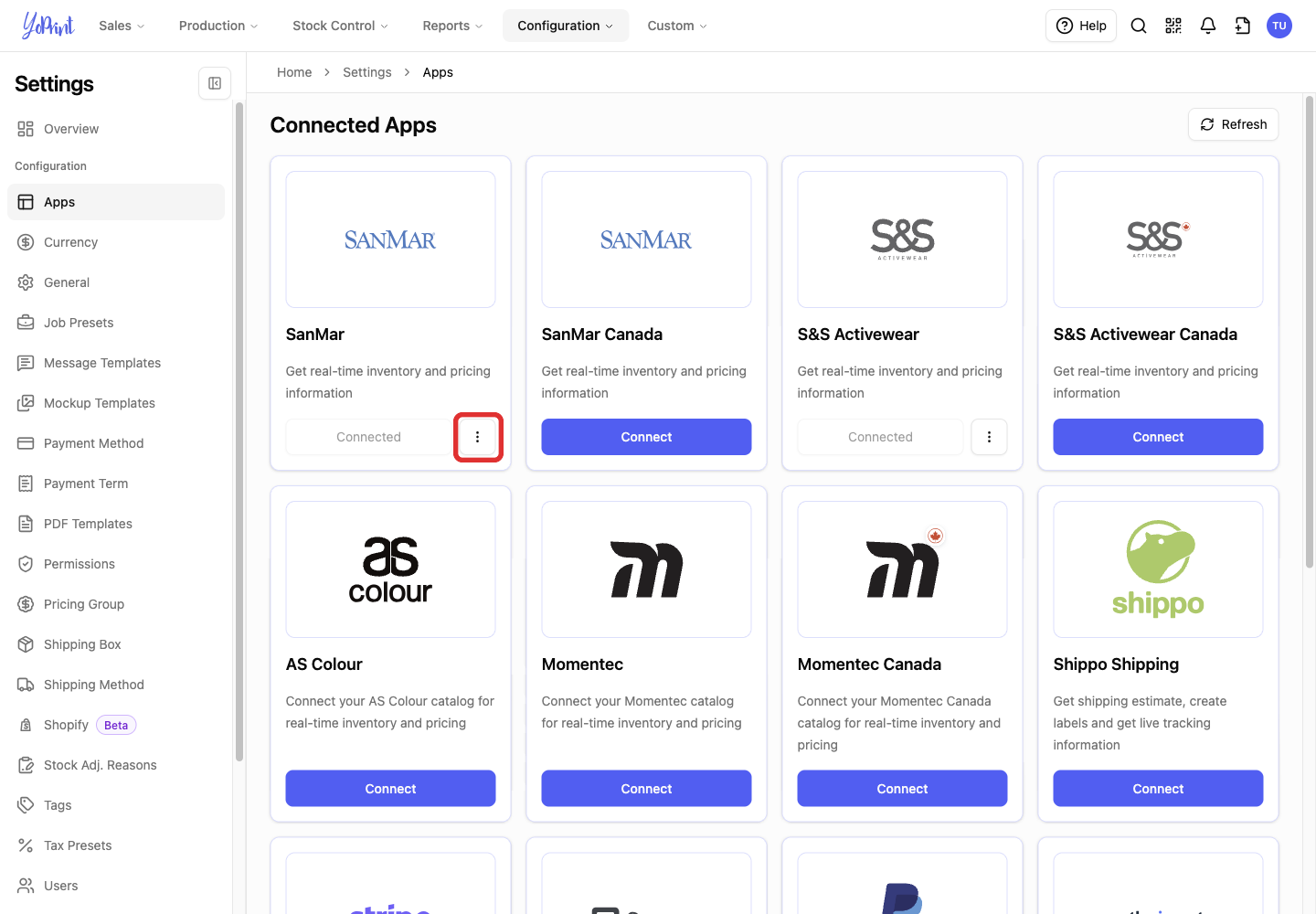 SanMar card menu button