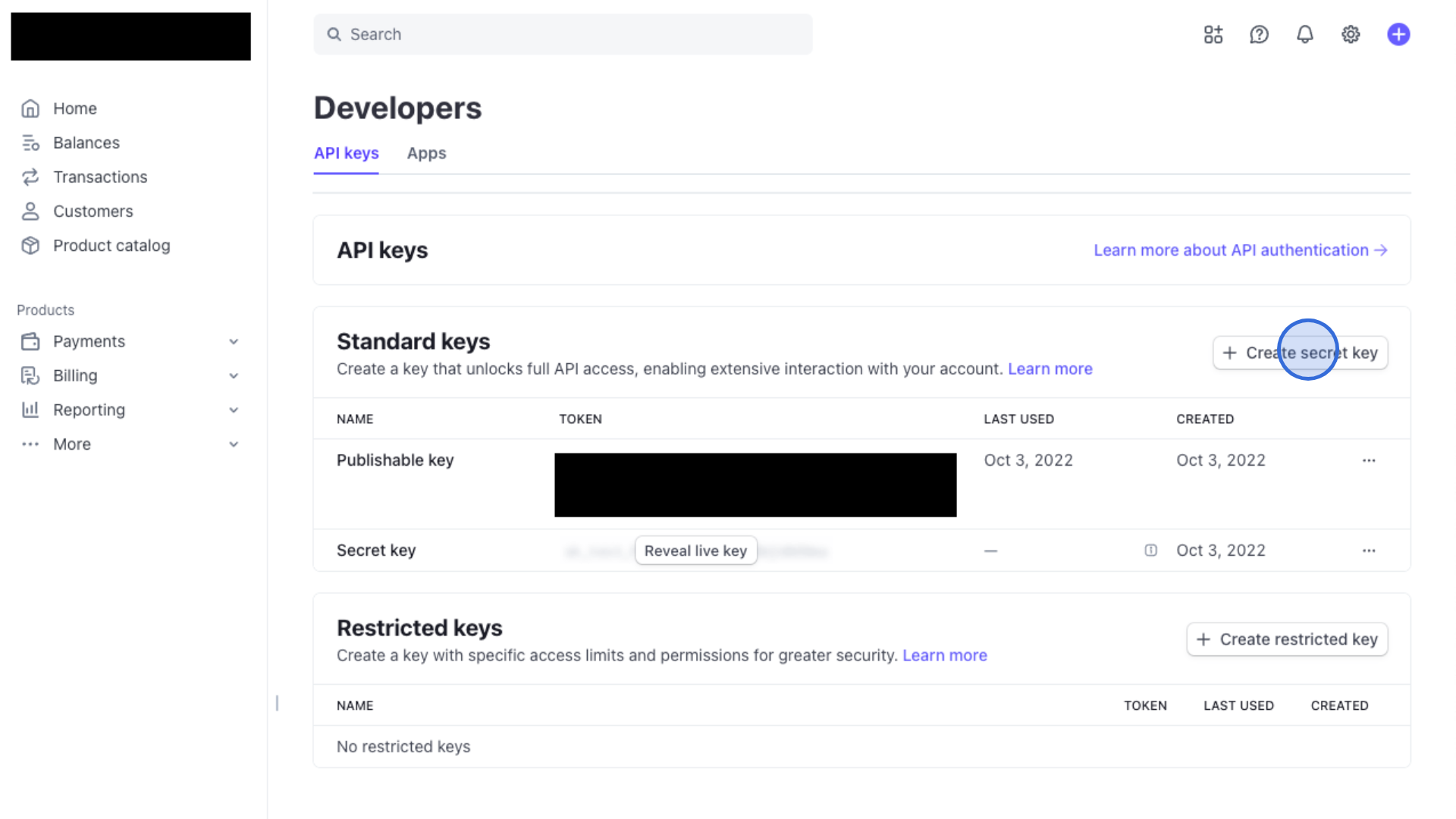Stripe API keys page showing Publishable key and Create secret key