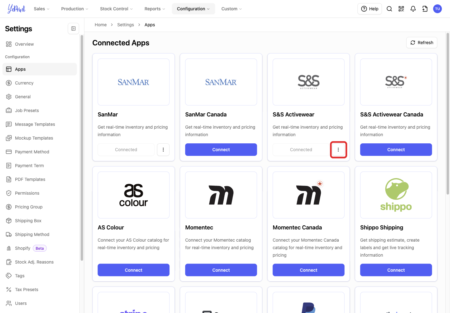 S&S Activewear card menu button