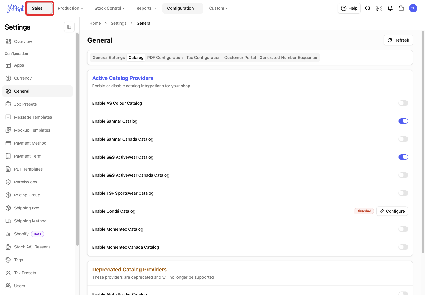 Sales in the top navigation