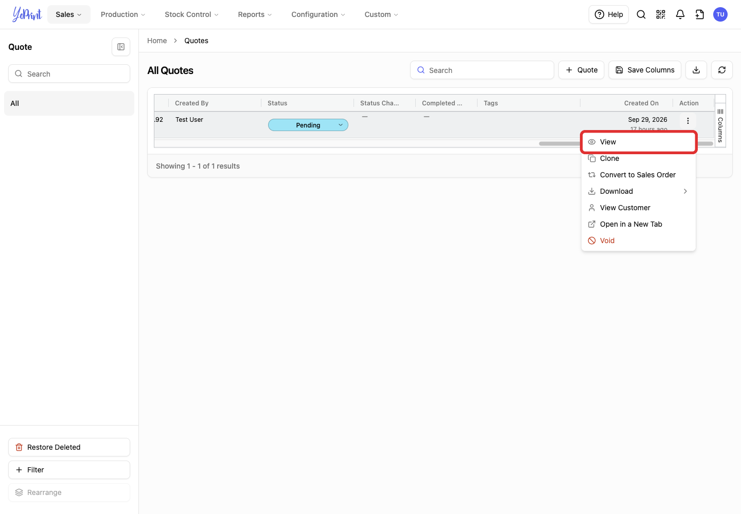 View in the quote actions menu